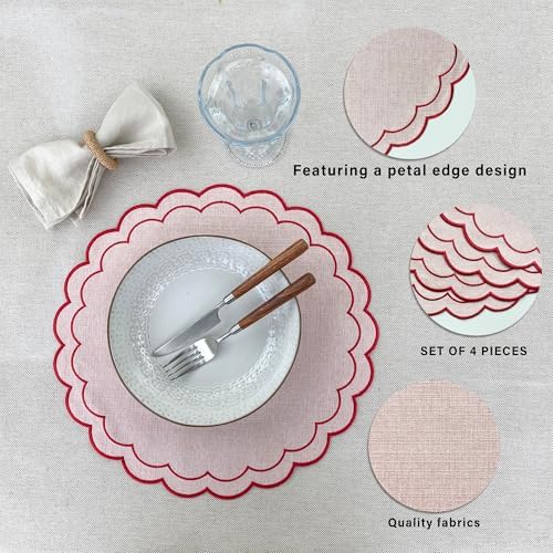 Linen Cotton Placemats Set of 4 Scalloped Flower Embroidery Place Mats 15'' Natural Linen Texture Fabric Machine Washable Table Mats for Restaurant Kitchen,Table Decor(Powder Pink) - Image 3