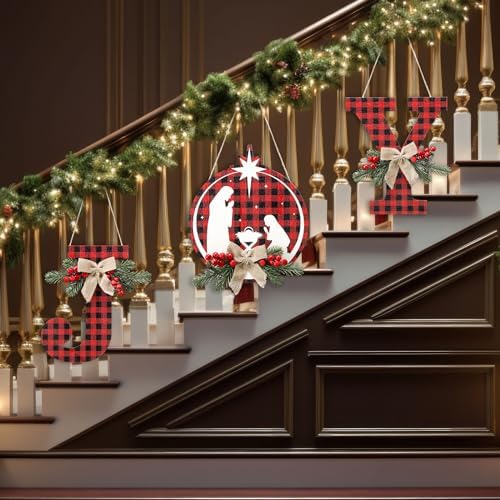 Soaoo 1 Set of 3 Pcs Christmas Joy Sign Buffalo Plaid Christmas Wreaths Rustic Burlap Wooden Hanging Front Door Decorations for Xmas Home Outdoor Window Indoor Porch Holiday Wall Decor Party Supplies - Image 4