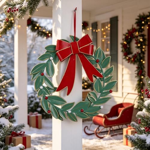 Vintage Metal Christmas Wreath Wall Decor Rustic Xmas Large Distressed Hanging Onaments Wreath for Front Door Porch Wall Home Outdoor Party Decoration, 14 Inch by Unknown