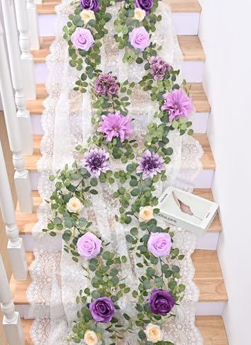 Waipfaru 8.85Ft Flower Garland, Eucalyptus Greenery Garland with Flowers, Rose Floral Vines for Wedding Table Runner Spring Summer Backdrop Decor (Purple) - Image 4