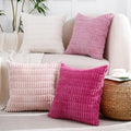 All Smiles Decorative Pink Throw Pillow Covers 18x18 Set of 4 Farmhouse Rustic Boho Home Decor Soft Plush Striped Corduroy Square Cushion Case for Living Room Couch Bed Sofa，Hot Pink Cream by AllSmiles