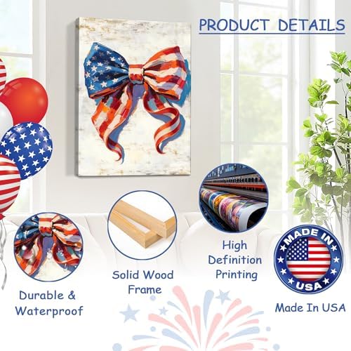 July 4th Patriotic Canvas Wall Art 4th of July USA Decorations American Flag Bow Painting Picture Independence Day Home Decor 24x36in - Image 4