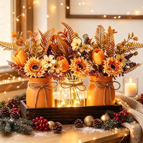 Mason Jar Lights Centerpiece Table Decor-Artificial Sunflowers & Tulips - Image 4