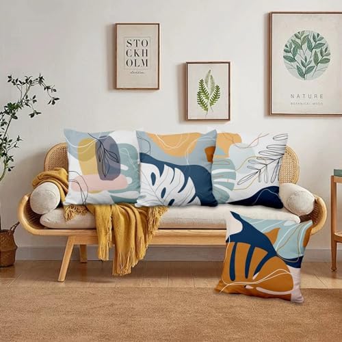 Abstract Palm Leaves Pillow Covers 22''x22'' Set of 4, Modern Geometric Line Pattern Cushion Covers Decorative Tropical Print Pillow Cases for Couch Sofa Bedroom Farmhouse Garden Patio - Image 2