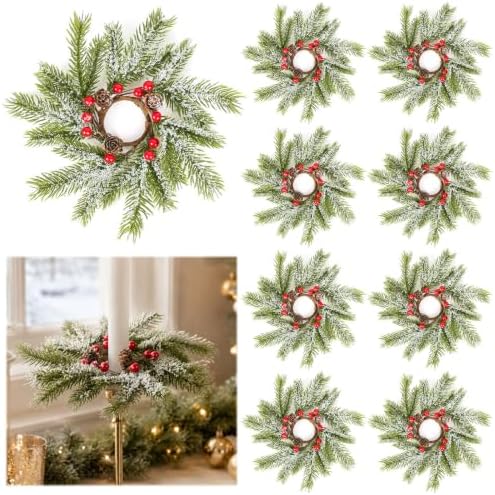 8 PCS Christmas Pine Taper Candle Rings Wreaths 1.38" Mini Snowy Pine Taper Candle Holder Wreaths Candle Rings with Berry Pinecones for Xmas Winter Church Home Table Centerpiece Candlesticks Decor by Unknown