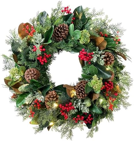 Balsam Hill Outdoor Magnolia Ridge 28" Christmas Wreath - Holiday Elegance Front Door Wreath with Magnolia Leaves, Succulents & Battery-Operated LED Clear Lights by BalsamHill