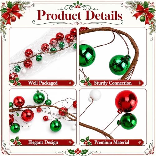 9ft Red Green Christmas Ball Garland Ornaments, Xmas Bauble Tree Garland - Image 3
