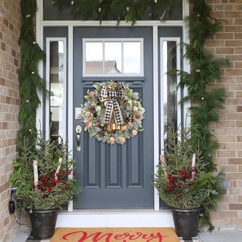 22" Green lamb's Leaves Wreaths for Front Door Winter Wreath with Pine Cones Shells Satin Bow Bells,Artificial Wreath for Indoor Outdoor Farmhouse Home Porch Wall Window Festival Wedding Decor - Image 5