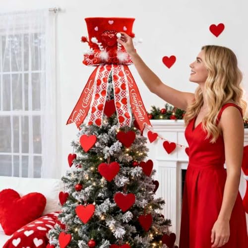 nuvagiki Valentine's Day Tree Topper Hat Decor, Valentines Day Heart Ribbon Bow Hat Decorations for Tree, Galentines Day Decorations Tree Ornaments, Valentine Velvet Heart Bow Hat, Valentines Gifts - Image 7