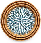 Round Rattan Serving Trays with Mother of Pearl Inlay, Set of 3, Blue - Image 7