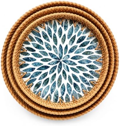 Round Rattan Serving Trays with Mother of Pearl Inlay, Set of 3, Blue - Image 7