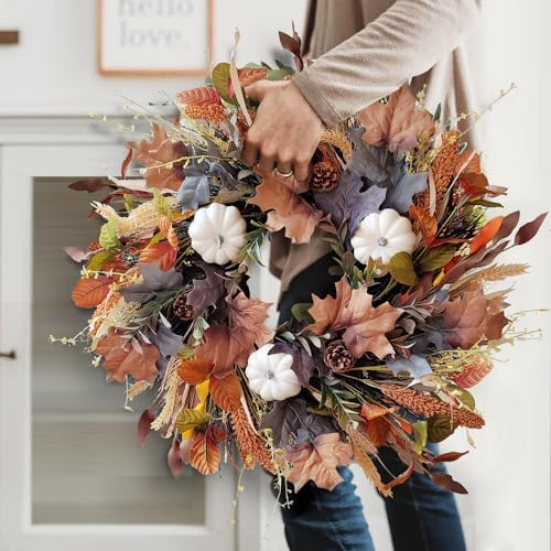 WANNA-CUL 24 Inch Fall Wreath for Front Door with White Pumpkins,Grains, Maple Leaves-Fall Decoration for Home-Large Fall Decor Door Wreath for Autumn,Harvest or Halloween - Image 3