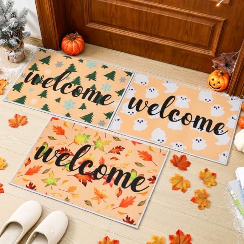 3 Pcs Seasonal Welcome Doormats 23.6"x15.7" Fall Autumn Thanksgiving Door Mat Halloween Ghost Doormat Winter Christmas Snowflake Welcome Rugs for Front Door Porch Entryway Kitchen Holiday Home Decor by Unknown