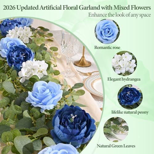 Livole 2Pcs 12 Ft Flower Garland Decoracion Blue Peony Floral Garland - Image 5