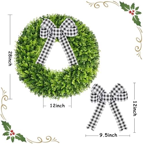 Vlorart 28" Faux Round Boxwood Wreath, Artificial Large Boxwood Wreath Front Door Wreaths Artificial Spring Summer Greenery Hanging with A Plaid Bow for Villa Wall Hanging Window Wedding Party Decor - Image 3