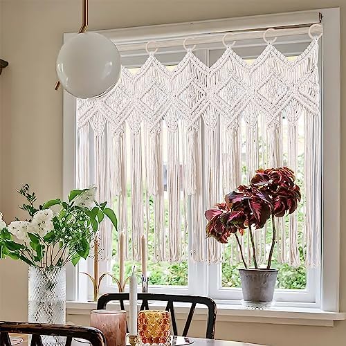 Osunnus Macrame Wall Hanging Macrame Valance Curtain for Window Doorway 40" x 30" Boho Macrame Wall Tapestry Decor with Tassel, 1 Panel - Image 3
