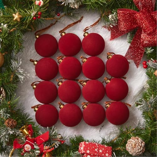Brightown 15 Pcs Red Velvet Christmas Valentines Balls, 3.15 Inch Velvet Ornaments for Christmas Tree, Christma Tree Flocked Ornaments Balls for Family Holiday Wedding Party Xmas Hanging Decoration by Brightown