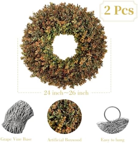 2Pcs 26 Inch Large Artificial Fall Wreaths for Front Door, Farmhouse Autumn Boxwood Wreath for Indoor & Outdoor, Porch, Wall, Window, Harvest Festival & Thanksgiving Home Decor - Image 3