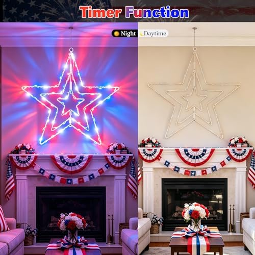 2 Pcs 4th of July Window Decorations Lights, 13.8In Red White and Blue Lights Patriotic Star Light Battery Operated with Timer & 8 Modes 4th of July Decorations Indoor for Home Porch - Image 6