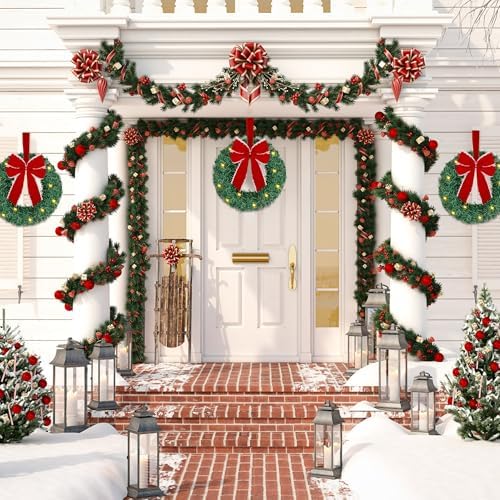 ATDAWN 3 Pack Mini Christmas Wreath, Lighted Christmas Front Door Wreath, Xmas Wreath for Holiday Christmas Party Decorations (Red Bow) - Image 5