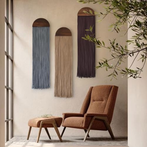 Macrame Wall Hanging Long Fringe Boho Wall Decor Handmade Wood 10" W*40" L - Image 3