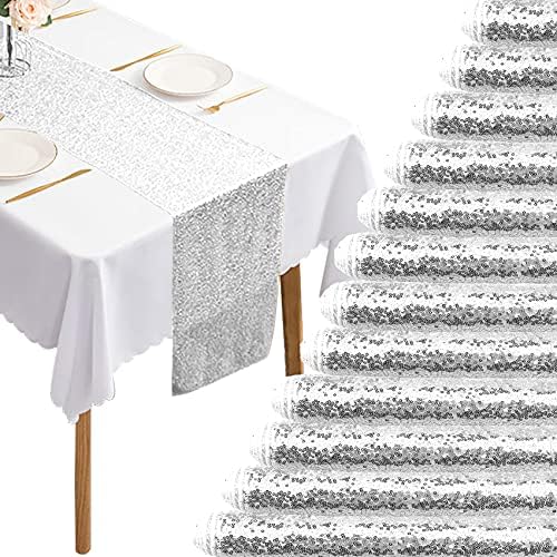 12 Packs 12 X 72 Inch Silver Sequin Table Runner Glitter Dining Table Runner for Birthday Wedding Engagement Bridal Baby Shower Bachelorette Holiday Celebration Party Supplies Decorations (Silver) by Fivenl