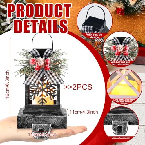 Therwen 2 Pcs Christmas Stocking Holders Lantern, LED, Snowflakes, Black - Image 2
