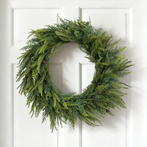Glitzhome 25" D Christmas Norfolk Pine Wreath, Artificial Greenery Wreath Mixed PE Dripping with Pinecones, Christmas Wreaths for Front Door, Wall, Windows, Home, Outdoor, Xmas Decorations - Image 3