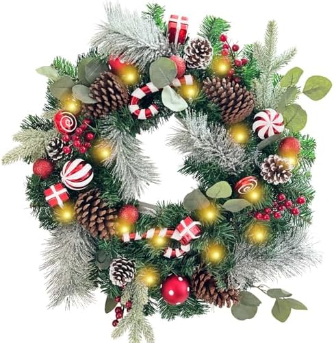 WANNA-CUL Pre-Lit 24 Inch Red White Christmas Wreath for Front Door by WANNA-CUL
