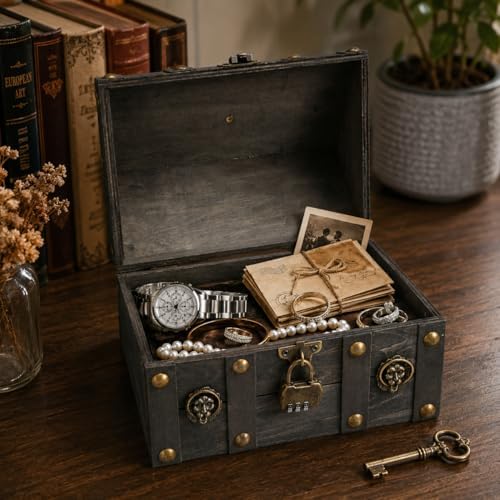 TeamSky Vintage Gray Wooden Storage Box with Lock, Jewelry Chest - Image 6