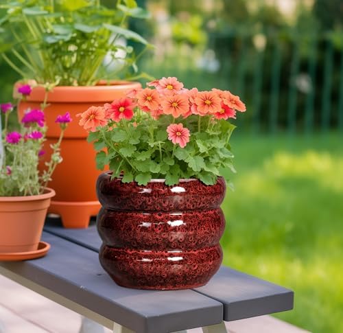 SQOWL Ceramic Flower Pots - 8 Inch Planter for Indoor Plants, Ceramic Plant Pot with Drainage Hole, Bubble Round Planter for Outdoor Plants, Office Home Desk Decor, House Warming Gifts, Red - Image 2