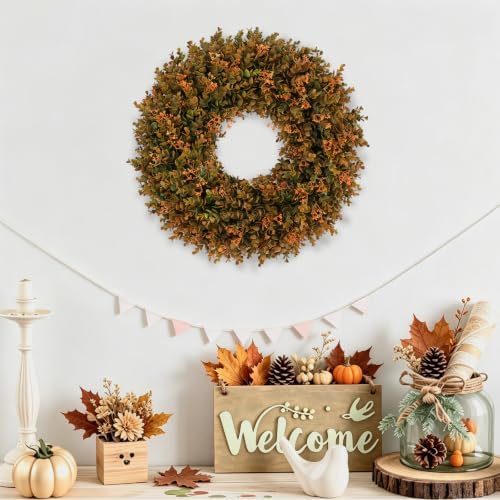 U'Artlines 24inch Fall Front Door Wreaths Harvest Boxwood Wreaths Orange - Image 6