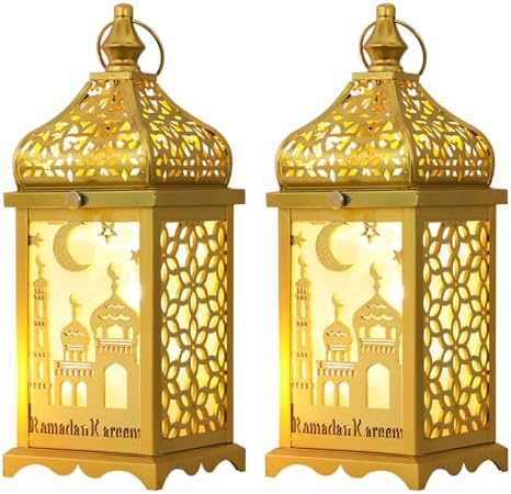 Ramadan Decorations for Home, 2Pcs 14'' Decorative Candle Lantern for Tabletop Mantel Decor, Vintage Metal Lantern Candle Holders for Indoor Outdoor Decor, EID Mubarak Gift by DECORKEY