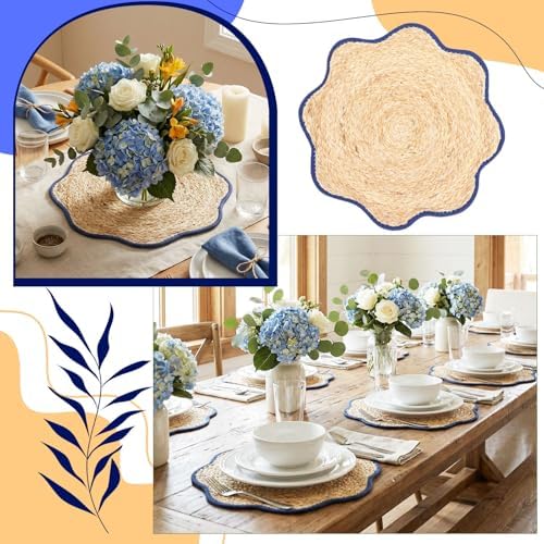 Jingmore 6 Pcs 15 Inch Handwoven Scalloped Placemat,Blue - Image 3