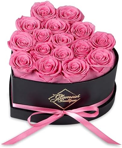 GLAMOUR BOUTIQUE Preserved Flowers, 16 Forever Pink Roses in Heart Gift Box by THEGLAMOURBOUTIQUE