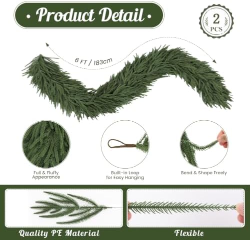 2PCS 6FT Christmas Norfolk Pine Garland, Real Touch Soft Mantel Decor - Image 3