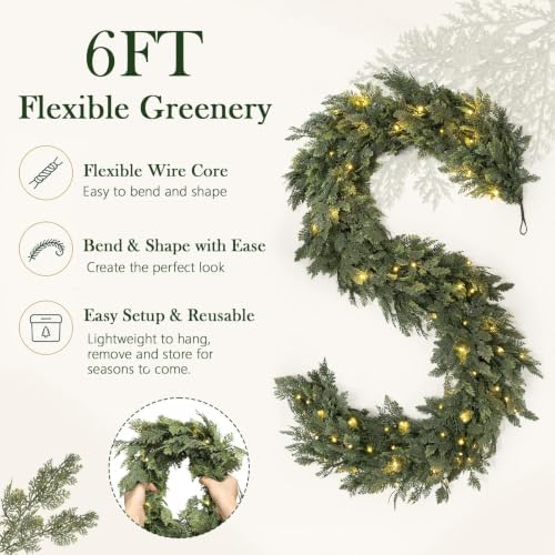 Pre-Lit Christmas Garland 6FT Decorations Real Touch Cedar Cypress Pine Greenery Artificial Green Christmas Garland with Lights for Mantle, Fireplace, Table, Stairs, Door, Indoor Outdoor Decorations - Image 5