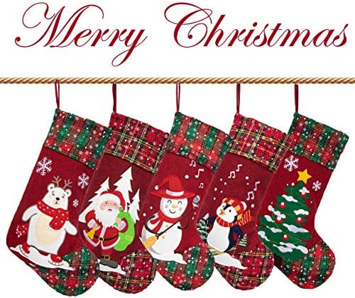 LUBOT 5 Pack Christmas Stockings(21inch) Embroidered Linen Applique Burlap Fireplace Hanging Christmas Stocking Ornament for Family Decorations Holiday Xmas Gift - Image 2