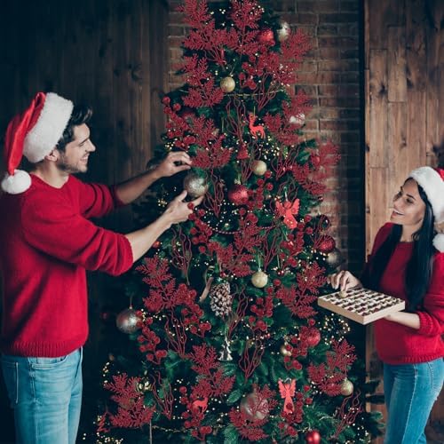 75 Pcs Christmas Glitter Tree Picks 3 Styles Berry Stems, Burgundy - Image 3