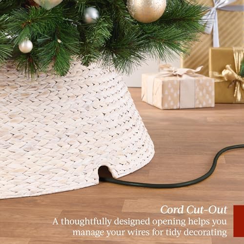 Best Choice Products 42in Christmas Tree Collar, Woven Hyacinth 4-Piece Holiday Rattan Tree Skirt Accessory for Home w/Cord Cut-Out - Transparent White - Image 3