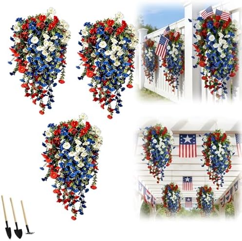 Red White and Blue Flowers Artificial Flowers Outdoor, 4th of July Decoration Tricolor Patriotic Artificial Flower, UV Resistant Artificial Morning Glory Vines for Independence Day Decor (3sets) by Unknown