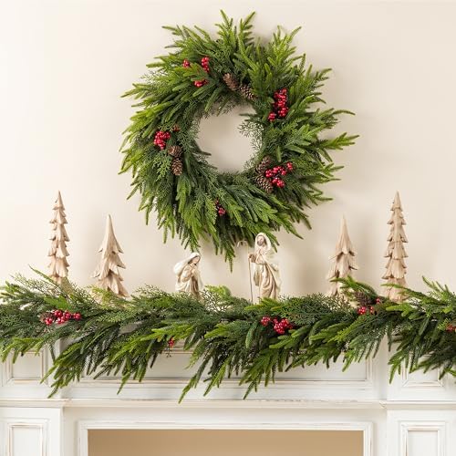 Glitzhome 24 Inch Christmas Wreaths for Front Door, Artificial Greenery Wreath with Pine Cones and Red Berries for Windows, Walls, Porches, Indoor and Outdoor Home Decoration - Image 2