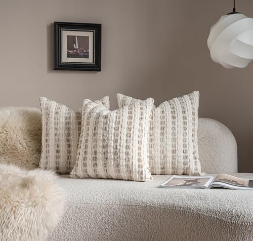 Caflife Beige Striped Chenille Boho Throw Pillow Covers 22x2 Inch Set of 2 - Image 3