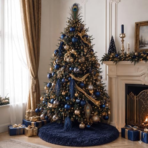 Navy Blue Faux Fur Christmas Tree Skirt 60 Inch Plush Tree Skirt - Image 5