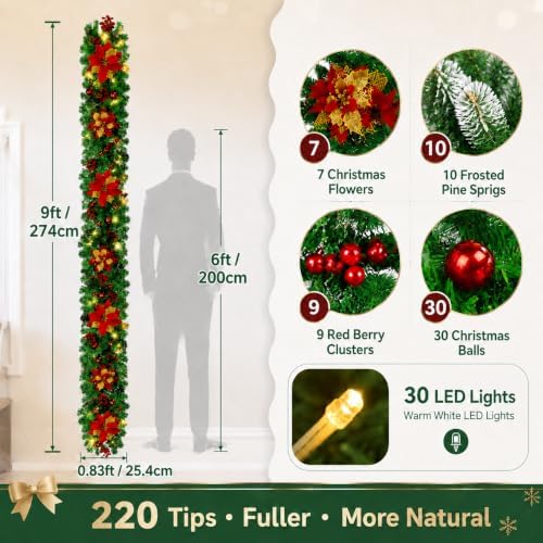 9FT Christmas Garland with Lights, Prelit Garland with Red Berry Clusters&Balls&Flowers&Pine Needles,for Stairs Railing Fireplace Mantle Front Door Home Holiday Decor Ornaments - Image 2