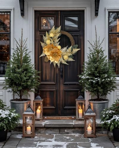 24" Christmas Wreath for Front Door – Artificial Winter Half Wreath with Gold Maglonia Flower, Ball Ornaments, Fern Leaves for Indoor & Covered Outdoor Holiday Christmas Decoration - Image 4