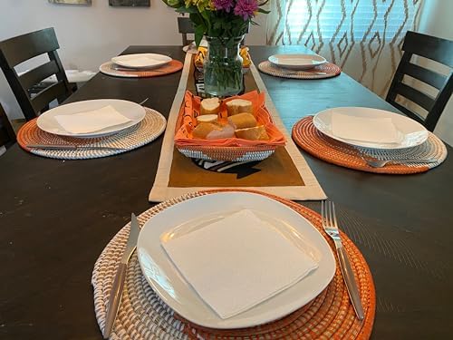 Senegal Placemats/African Bohemian Woven Seagrass Placemats/Natural Wicker Round Basket Placemats/Decorative Hanging Wicker Plates/Hanging Wall Decor (Orange & White) - Image 5