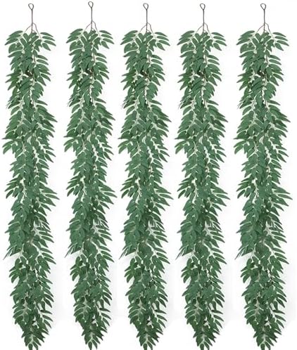 mizii 5 Packs 390" Artificial Vines Willows Garland Fake Vine Italian Ruscus Silk Green Leaves Faux Plants Greenery Decoration for Bedroom Room Wall Party Table Centerpieces Wedding Arch Decor by Mizii