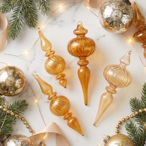 12 Pcs Vintage Glass Finial Christmas Ornaments, Gold - Image 2