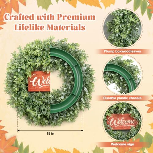 3 Pcs Summer Floral Door Mat and Wreaths for Front Door, 18 Inch Boxwood Wreath with Welcome Sign, Coir Mats Floor Layering Doormats Seasonal for Front Porch Entryway Decor - Image 3